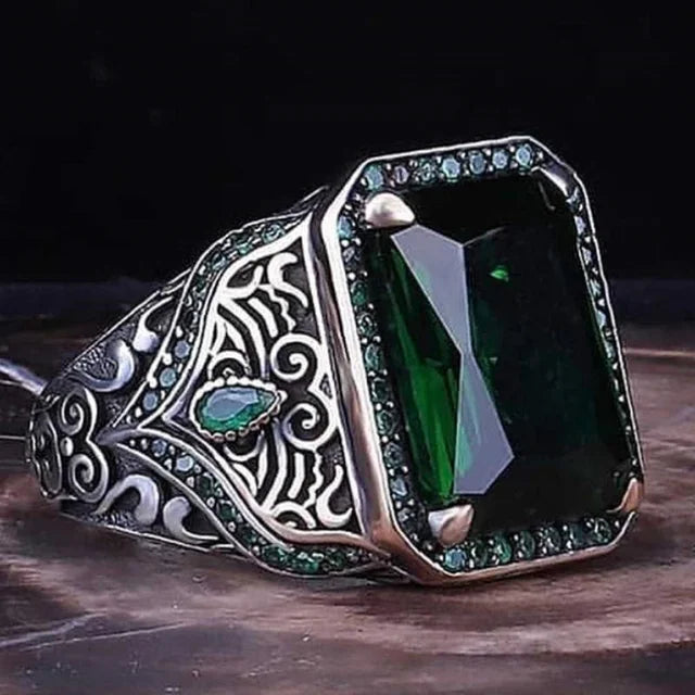 Retro Handmade Turkish Signet Ring for Men Vintage Silver Color Carving Pattern Inlay Green Zircon Party Punk Motor Biker Ring