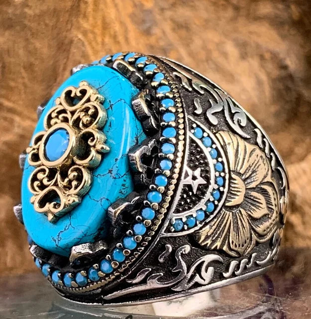 Retro Handmade Turkish Signet Ring for Men Vintage Silver Color Carving Pattern Inlay Green Zircon Party Punk Motor Biker Ring