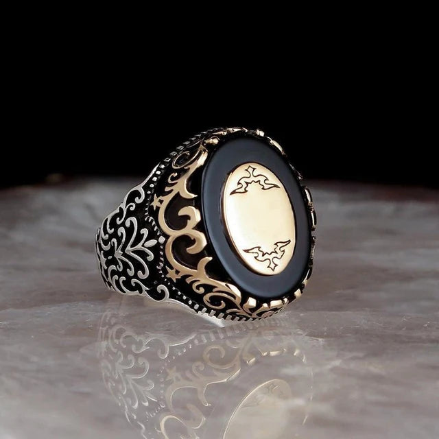 Retro Handmade Turkish Signet Ring for Men Vintage Silver Color Carving Pattern Inlay Green Zircon Party Punk Motor Biker Ring