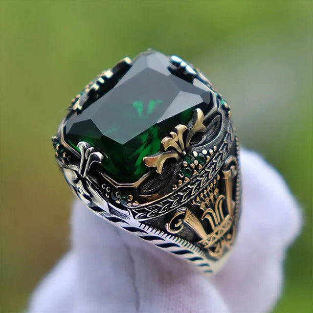 Retro Handmade Turkish Signet Ring for Men Vintage Silver Color Carving Pattern Inlay Green Zircon Party Punk Motor Biker Ring