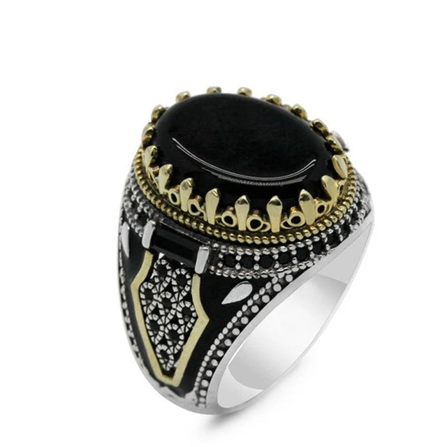 Retro Handmade Turkish Signet Ring for Men Vintage Silver Color Carving Pattern Inlay Green Zircon Party Punk Motor Biker Ring
