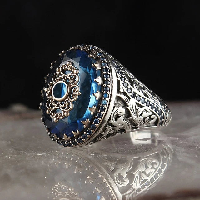 Retro Handmade Turkish Signet Ring for Men Vintage Silver Color Carving Pattern Inlay Green Zircon Party Punk Motor Biker Ring