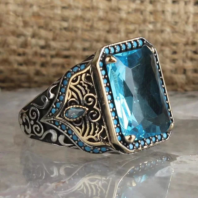 Retro Handmade Turkish Signet Ring for Men Vintage Silver Color Carving Pattern Inlay Green Zircon Party Punk Motor Biker Ring