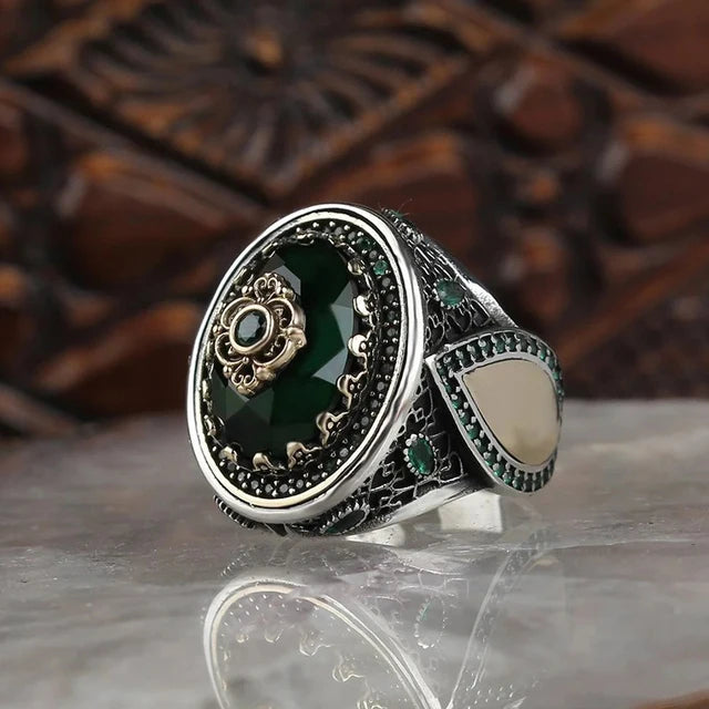 Retro Handmade Turkish Signet Ring for Men Vintage Silver Color Carving Pattern Inlay Green Zircon Party Punk Motor Biker Ring