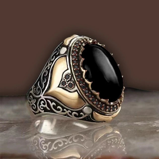 Retro Handmade Turkish Signet Ring for Men Vintage Silver Color Carving Pattern Inlay Green Zircon Party Punk Motor Biker Ring