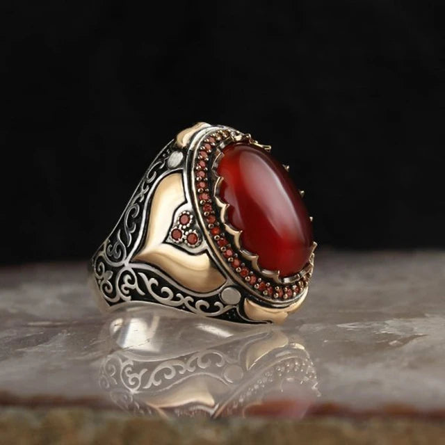 Retro Handmade Turkish Signet Ring for Men Vintage Silver Color Carving Pattern Inlay Green Zircon Party Punk Motor Biker Ring