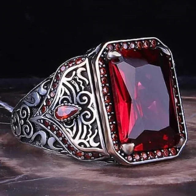 Retro Handmade Turkish Signet Ring for Men Vintage Silver Color Carving Pattern Inlay Green Zircon Party Punk Motor Biker Ring