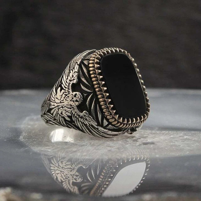 Retro Handmade Turkish Signet Ring for Men Vintage Silver Color Carving Pattern Inlay Green Zircon Party Punk Motor Biker Ring
