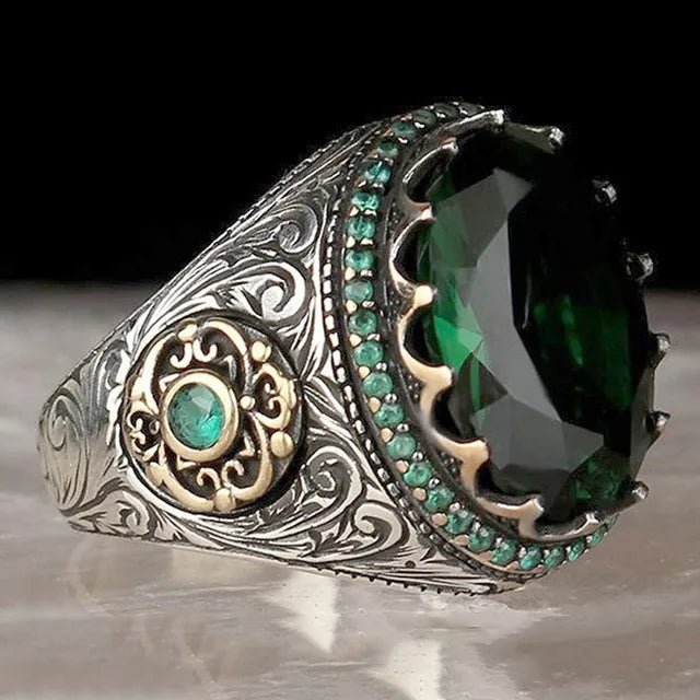 Retro Handmade Turkish Signet Ring for Men Vintage Silver Color Carving Pattern Inlay Green Zircon Party Punk Motor Biker Ring