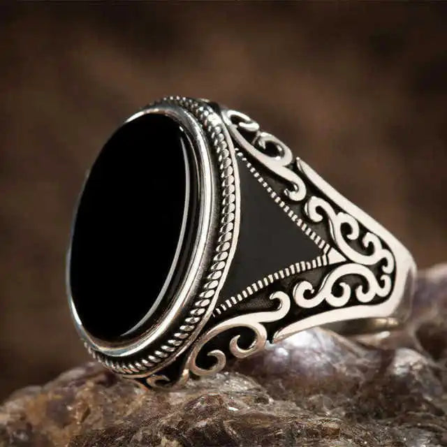 Retro Handmade Turkish Signet Ring for Men Vintage Silver Color Carving Pattern Inlay Green Zircon Party Punk Motor Biker Ring